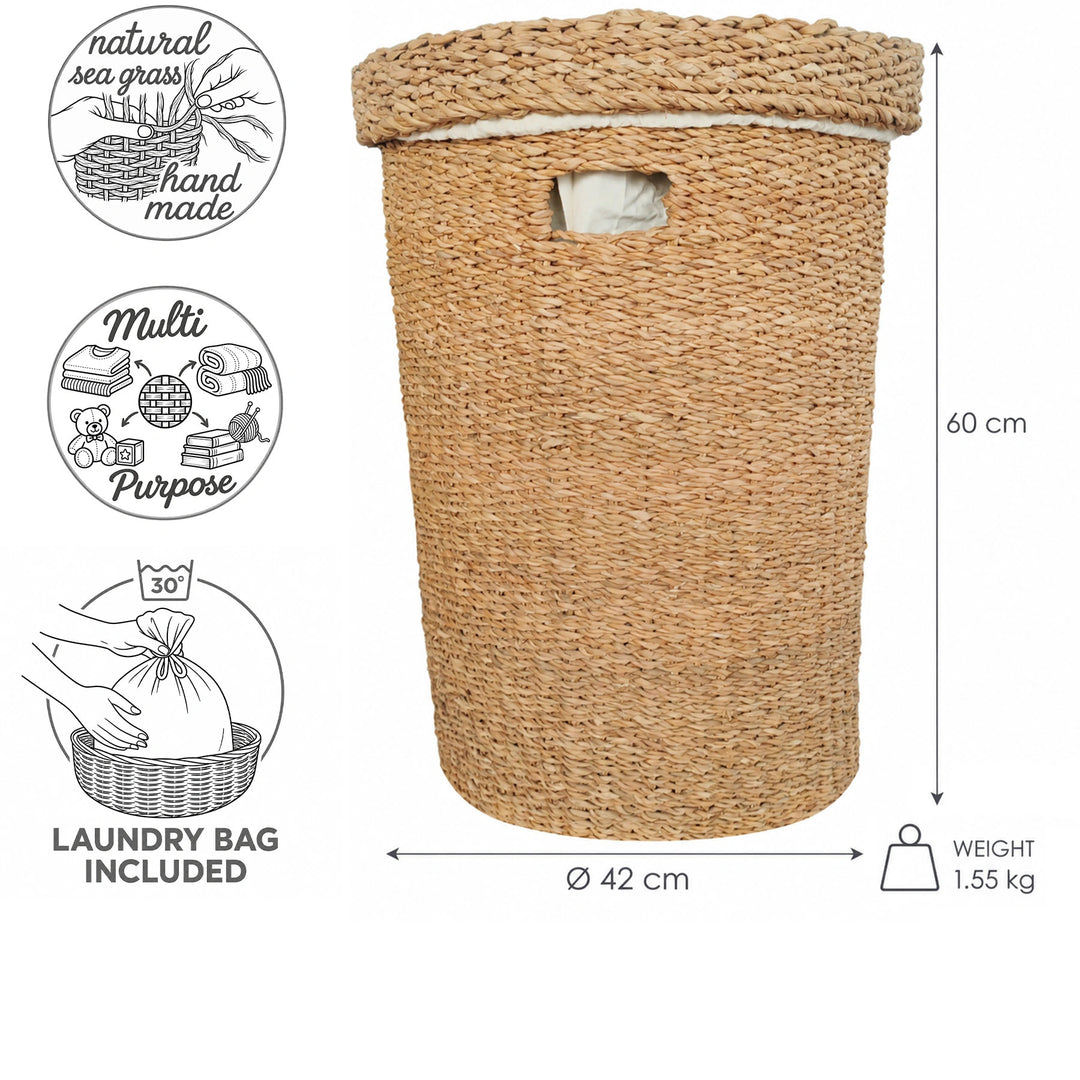 Tvättkorg av sjögräs med lock, volym 75 liter, diameter 42 cm, höjd 60 cm och avtagbar tvättsäck.