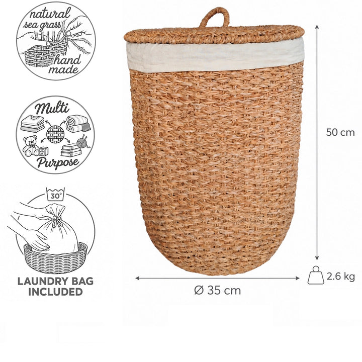 Mått på tvättkorgen med lock av sjögräs: Ø 35 cm, höjd 50 cm, 2,6 kg; tvättpåsen kan tvättas i 30 °C.