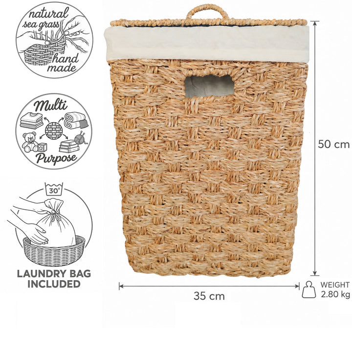 Mått på den fyrkantiga tvättkorgen av sjögräs med lock: 35 × 35 cm, höjd 50 cm, ca 55 liter, vikt 2,8 kg.