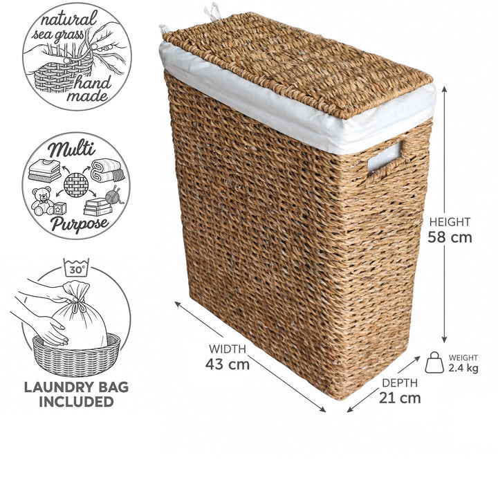 Smal tvättkorg av sjögräs med en volym på 45 liter: 43×21×58 cm (B×D×H), 2,4 kg, med lock och tvättsäck.