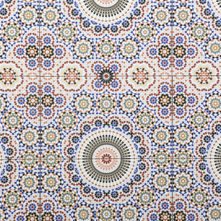 Keramisk väggplatta i orientalisk mönsterdesign, flerfärgad som en detaljerad närbild