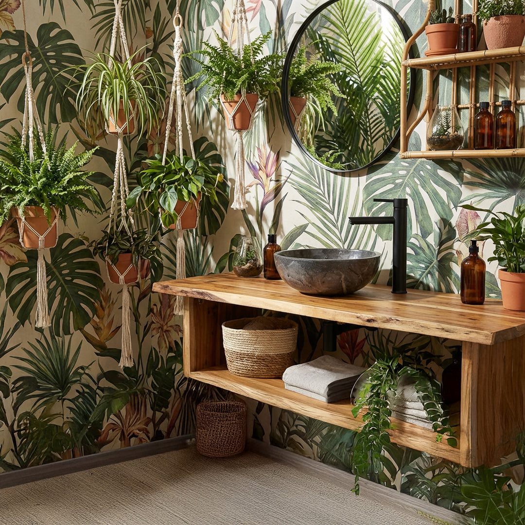 Runt tvättställ av natursten på ett tvättställ i trä i ett grönt boho-badrum med växter, tapeter och svarta beslag
