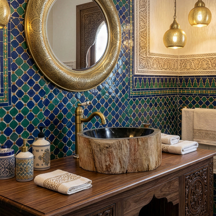 Diskbänk av sten gjord av förstenat trä på träkonsol, orientaliskt badrum med zellige kakel, mässingsbeslag och varm belysning.