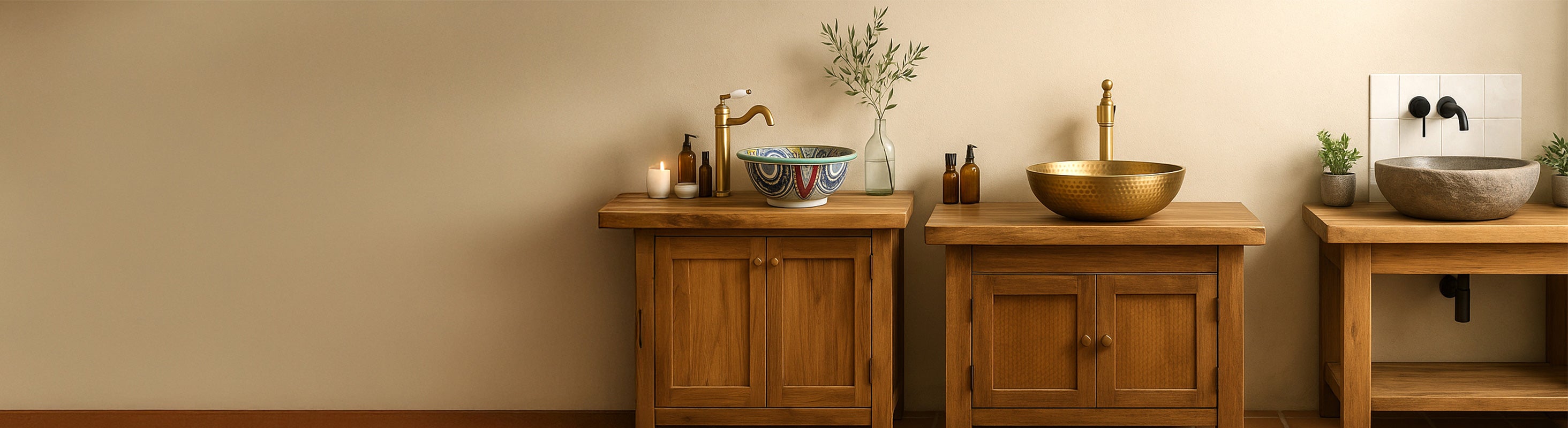 sjunka – Drei hochwertige Waschbecken aus Naturstein, Metall und Keramik auf rustikalen Holz-Waschtischen vor heller Wand – modernes Showroom-Ambient