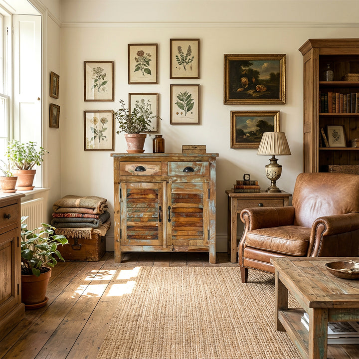Massivt trä highboard i vardagsrummet, naturmaterial, lugn vintagelivsscen med naturligt ljus